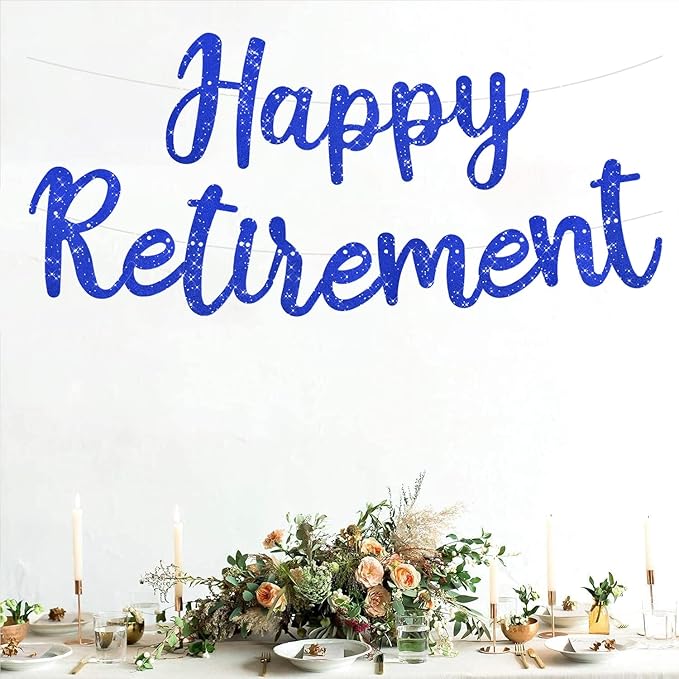 BEISHIDA Blue Glitter Happy Retirement Banner - Pre-Strung Banner Decoration for Women & Man, Party Supplies