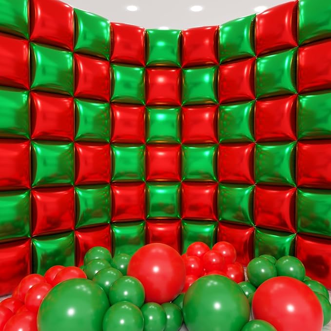 50pcs Red and Green Square Foil Balloons Wall Backdrop with 128pcs Balloon Garland Arch Kit, Christmas Balloons Decorations, Double Sided Balloon for Christmas New Year Xmas Party Decorations