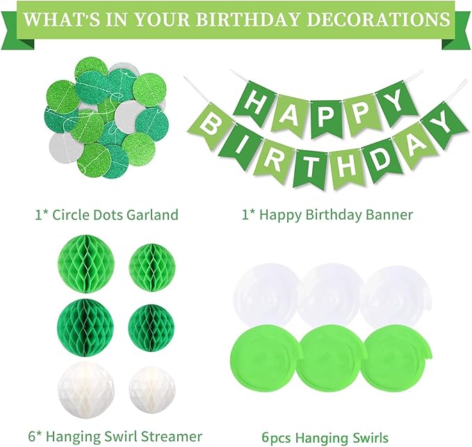 Green Birthday Decorations, Green and White Happy Birthday Banner, Happy Birthday Decorations for Women Men Girls Boys