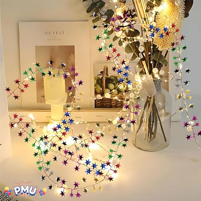 PMU 25 Ft Star Garlands with Wire, Shiny Metallic Garland for Christmas Party, Wedding, Birthday, Halloween Festive Home Decoration Ornament, Multi Color
