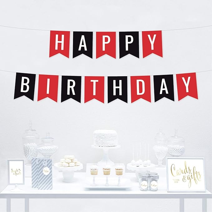 Andaz Press Hanging Pennant Banner Party Decorations, Red, Black, Happy Birthday, 1-Pack, Approx. 5-Feet, Ladybug Girls Themed Decor