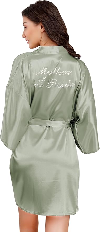 EPLAZA Women's One Size Silver Rhinestones Bride Bridesmaid Short Satin Robes for Wedding Party Getting Ready