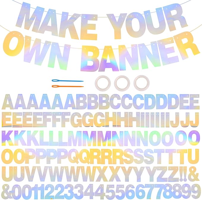BEISHIDA 116 PCS A-Z DIY Letter Banner Kit Make Your Own Banner Glitter Laser Silver Including 111 Letters and Numbers 3 Rope and 2 Threading Device,Customized for Birthday Graduation Party Decor