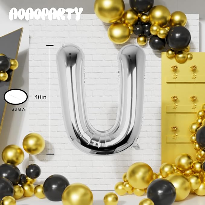 Letter Balloons 40Inch Large Giant big Foil Mylar Silver Balloons U for Birthday Party Decorations