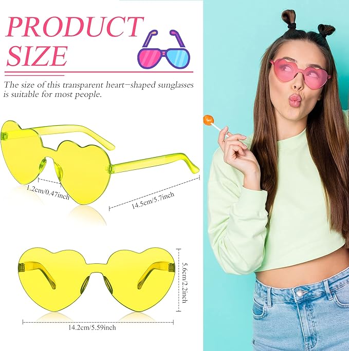 TOODOO 4 Pack Heart Shaped Sunglasses Rimless Candy Color Eyewear Galentine Valentines Accessories