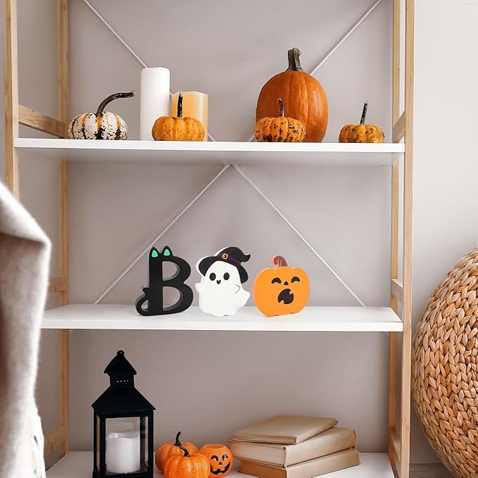 COCHIE BOO Signs Halloween Table Decorations Indoor, Retro Halloween Black Orange Tiered Tray Decor Set of 3, Wooden Happy BOO Day Decoration Sign for Party Home Shelf Display (Cute)