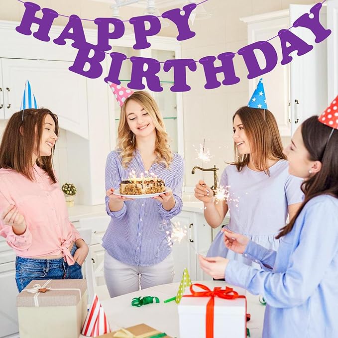 Purple Happy Birthday Banner Sign Birthday Backdrop Party Supplies for Kids Boys Girls Birthday Party Decorations