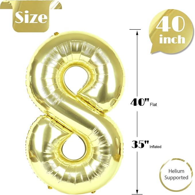 Champagne Gold Number 8 Balloon 40 Inch, White Gold 8 Balloon Number, 8th Birthday Decorations, Light Gold Party Supplies for Boys Girls