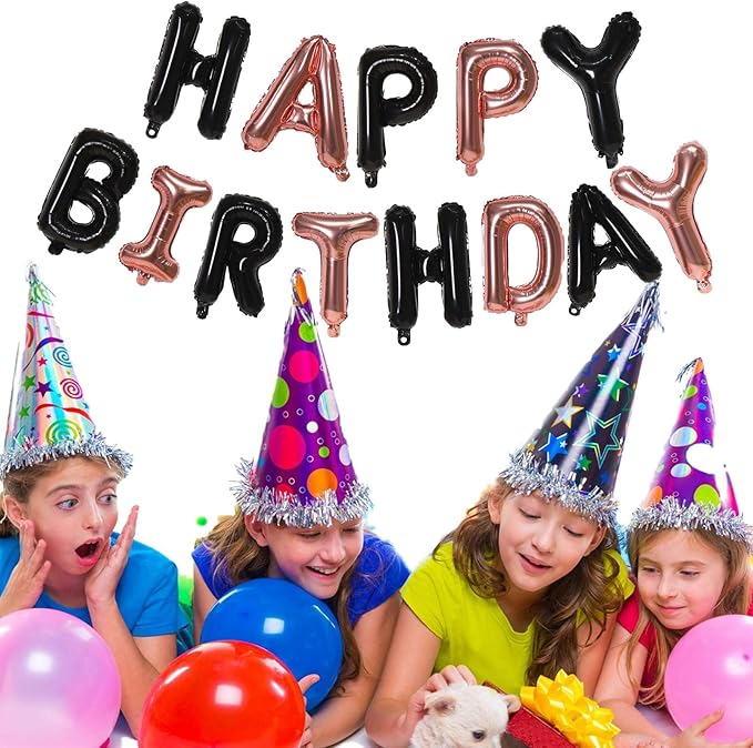 KALOR Black and Rose GoldHappy Birthday Balloons Banner, 16 Inch Mylar Foil Letters Balloon Sign for Birthday Party Decorations Photo Booth Backdrop