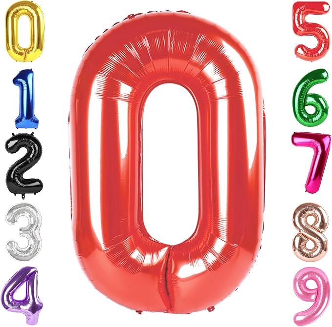 40 Inch Red Number 0 Balloon, Giant Number 0 Balloons for 10th 20th 30th 40th Birthday Decorations, Party Supplies for Baby Boy Girl, Red Party Decor