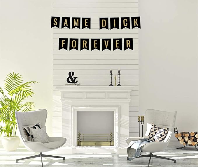 Andaz Press Faux Gold Glitter on Black Bridal Shower Bachelorette Party Banner Decorations, Same Dick Forever, Approx 5-Feet, 1-Set, Colored Hanging Pennant Decor