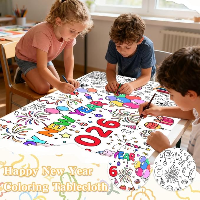 New Years Coloring Tablecloth/Poster, 3 PCS New Years Decorations 2026, 72" X 30" Giant Paper Coloring Banner for Kids Crafts Activities Party Decorations, Fun DIY Art 2026 Year Eve Party Supplies