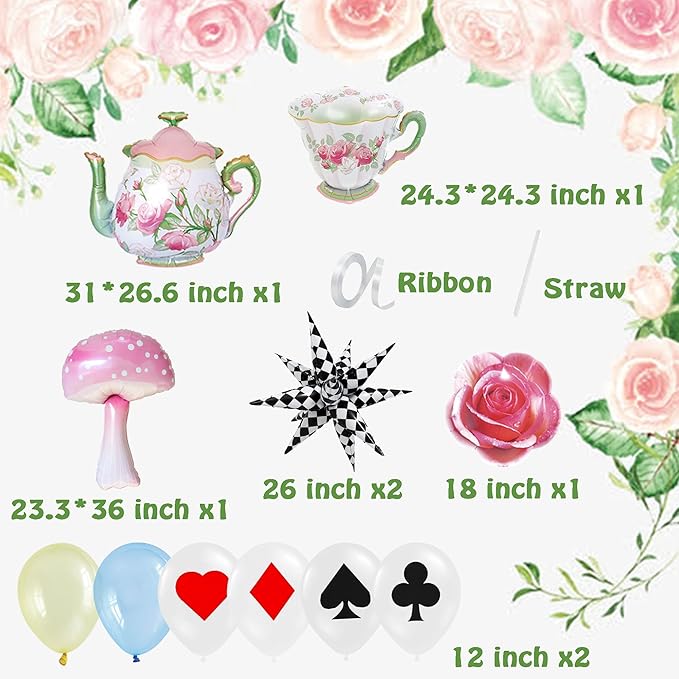 Teapot Mushroom Rose Balloons Checkered Poker Balloon Lets Par-Tea Garden Fairy High Tea Theme Foil Decor Onederland 1st First Birthday Girl Tea for Two Party Decorations Supplies for Little Girls