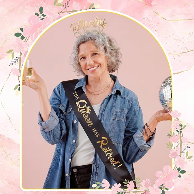 2 Pcs Retirement Party Decorations Retired Sash Retired Queen Tiara Crown for Women Retirement Gifts Black Sash and Gold Rhinestone Headband for Party Supplie, Gifts, Favors