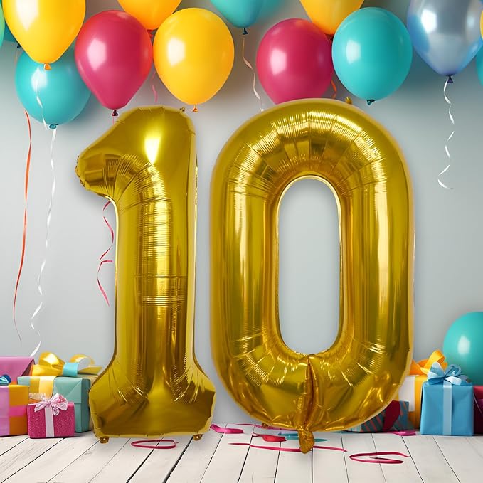 40 Inch Large Gold Number Celebration and Decoration Balloon for Birthday Parties, Graduations, Anniversaries, Weddings, Photo Shoots, Special Events - Helium Foil Mylar (Gold Number 10)