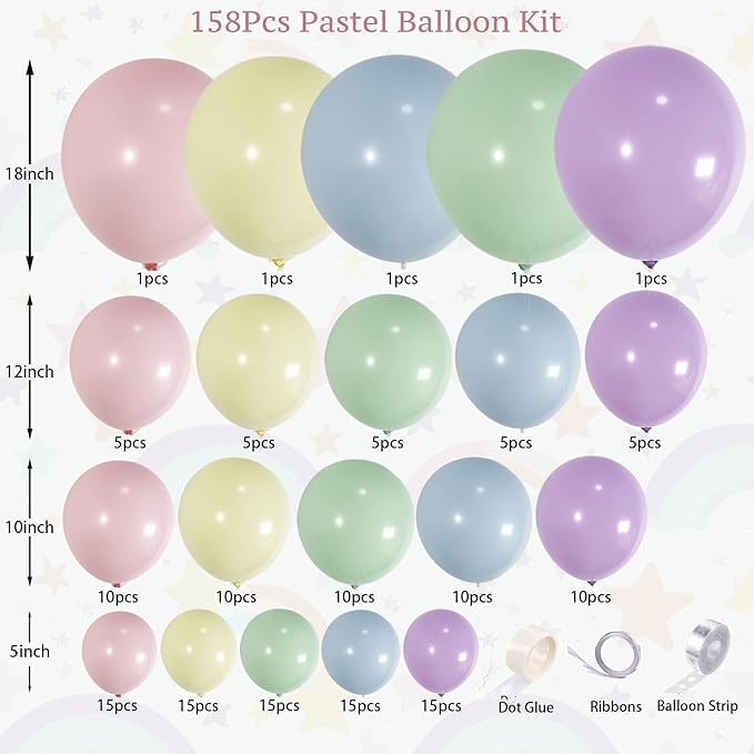 158PCS Pastel Balloon Arch Garland Kit with Pink Green Yellow Blue Purple Balloons for Unicorn Party Supplies, Rainbow Theme Birthday, Baby Shower Decorations, Colorful Garland