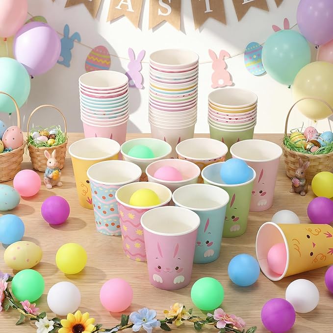 Easter Throwing Toss Game for Family 50 Bunny Paper Cups 24 Colorful Balls Easter Activities Spring Carnival Throwing Toss Game for Gatherings Outdoor Indoor Prize Party Supplies