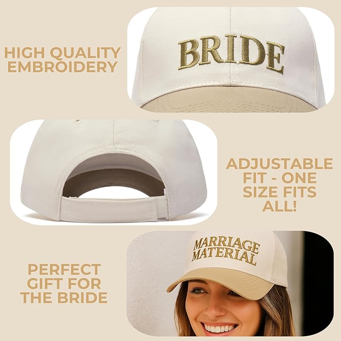 Marriage Material Hat | Trucker Hat Set for Bride and Wifey | Bride Hat for Wedding, Honeymoon, Bridal Shower