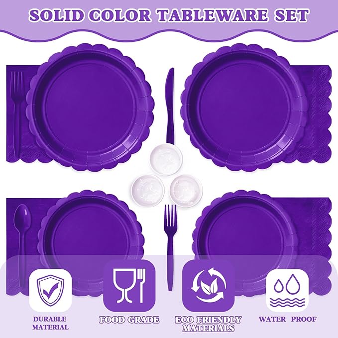 Vyntra 350 Pcs Deep Purple Disposable Paper Plates and Napkins Set for 50, 9" Dinner Plates & 7" Dessert Plates, Tableware for Birthday, Graduation, Party