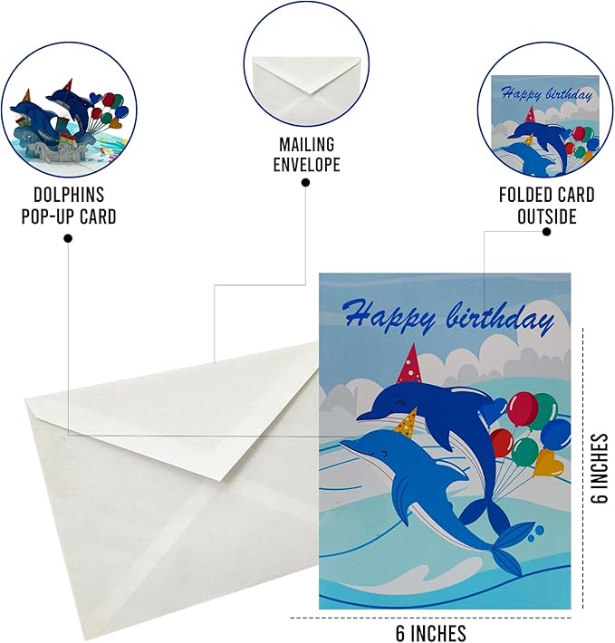 3D Dolphins Birthday Pop-Up Card – Ocean Sea Life Themed Handmade Greeting Card for Birthdays, Anniversaries & Special Occasions, Birthday Pop Up Card for Women, Men & Kids – With Envelope