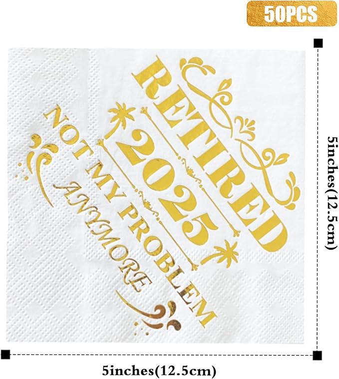 Retired 2025 Cocktail Napkins, 50 Pack 3-Ply Retirement Party Decorations Supplies, Gold Foil Disposable Napkins for Farewell,Coworker Goodbye & Going Away Celebration (5"x5")