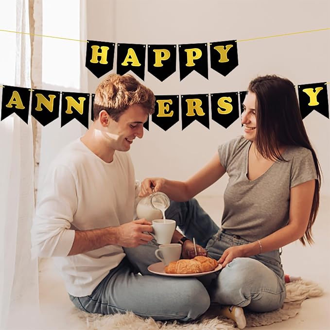 Happy Anniversary Banner Black Banner Wedding Anniversary Happy Birthday Party Decoration Supplies for Anniversaries, Baby Showers