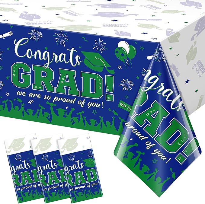 3 Pack Graduation Tablecloth Party Decorations, Class of 2026 Congrats Grad Plastic Tablecover Party Supplies, Blue and Green Rectangle Graduation Table Decor for College High School Party, 54x108Inch