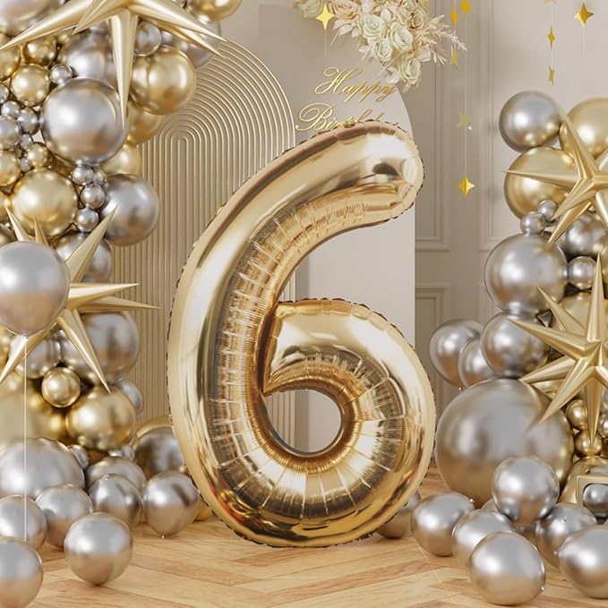 AULE 40 Inch Large 6 Balloon Numbers Light Gold, Big Foil Number Balloons, Giant Helium Happy Birthday Party Decorations for Man and Women, Huge Mylar Anniversary Party Supplies