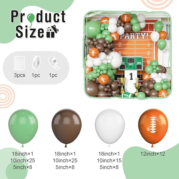 Football Balloon Arch Kit, Green Brown White Balloons Garland with Football Print Balloons for Kids Boy Men Sport Touch Down Rugby Theme Baby Shower Birthday Party Decorations Supplies