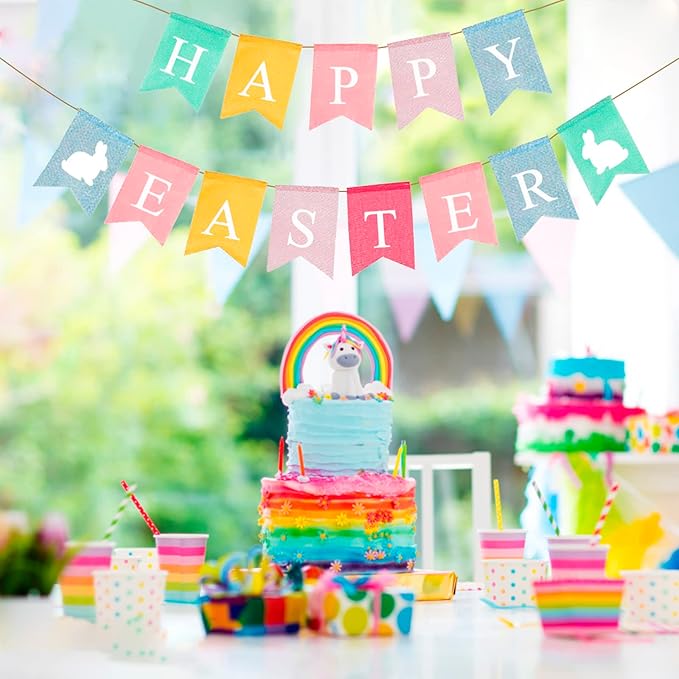 Happy Easter Banner Easter Chicken Egg Felt Happy Easter Bunny Banner Felt Easter Banner Garland for Easter Decorations, Spring Themed Party Favors Supplies, Happy Easter Day for Mantle Fireplace(2pc)