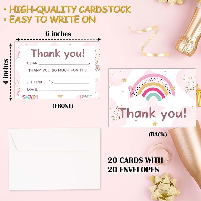Kids Thank You Cards Fill in the Blank, Boho Rainbow Thank You Notes For Boys Girls, Pink Rainbow Greeting Card, Birthday Party Decorations Favors (20 Cards With 20 Envelopes) -28