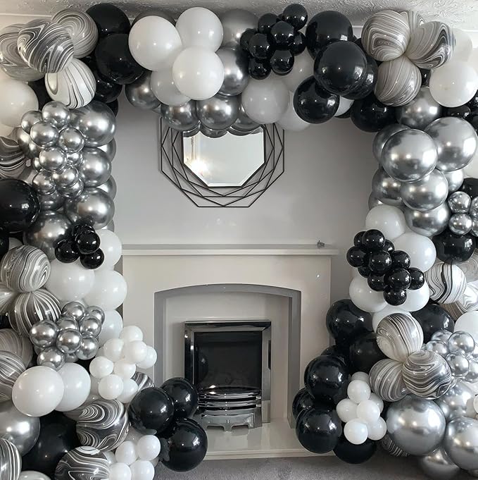 Black and Silver Balloons, 100Pcs 12inch Black White Metallic Chrome Silver Confetti Balloons with 1 Ribbon for Birthday, Baby Shower, Wedding, Graduation Theme Party Decoration