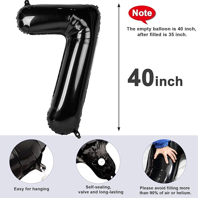 40 Inch Number 7 Balloon, Black Seven Birthday Decor, 7 17 27 70 Year Old Balloon Number for Engagement, Wedding, Graduations