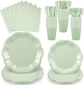 175 Pcs Sage Green Plates and Napkins Set, 25 Guest Sage Green Party Supplies Include Scalloped Easter Plate Napkin Cup Forks Knives Disposable Plastic Cutlery for Wedding Baby Shower Birthday