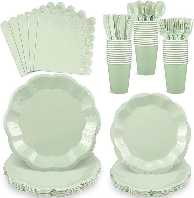 175 Pcs Sage Green Plates and Napkins Set, 25 Guest Sage Green Party Supplies Include Scalloped Easter Plate Napkin Cup Forks Knives Disposable Plastic Cutlery for Wedding Baby Shower Birthday