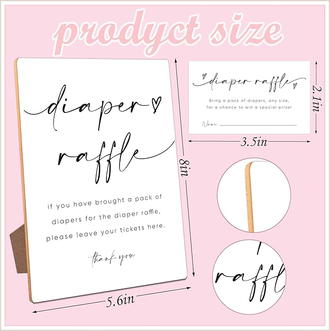 Baby Shower Diaper Raffle Game,Baby Shower Games,Baby Shower Decorations,Baby Shower Signs,Gender Reveal Decorations,1 Wooden Play Sign with Stand and 50 Diaper Raffle Tickets Set