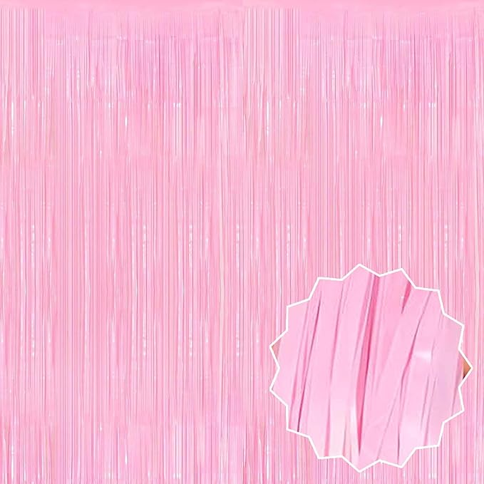 3 Pack Macaron Pink Foil Fringe Curtains Backdrop, 3.28 x 8.2 Ft Metallic Streamers Tinsel Curtains Background for Photo Booth, Birthday, Halloween, Christmas, New Year Party Decorations