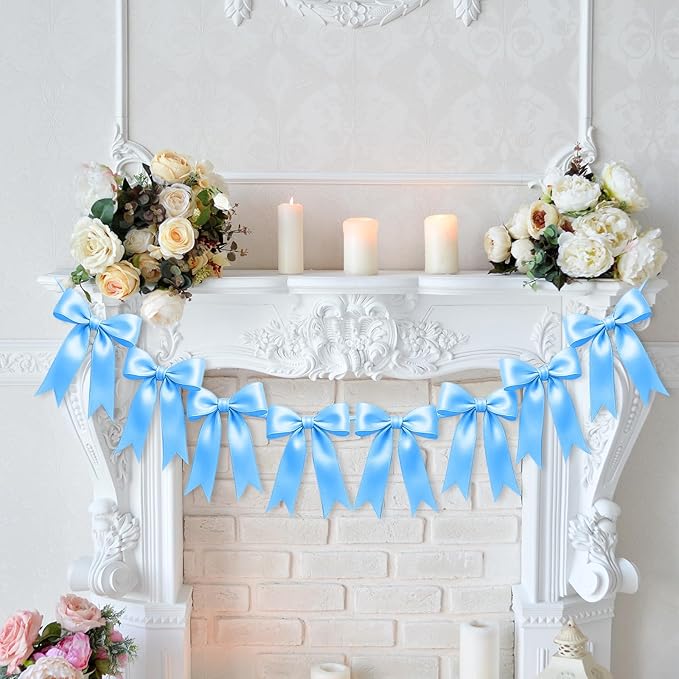 2 Strings of 16PCS Blue Bow Garlands Banner Decoration,Pre-Strung Satin Ribbon Ornaments for Birthday,Bachelorette Party,Bridal Shower,Wedding,Engagement,Baby Shower,Graduation Decor,Anniversary