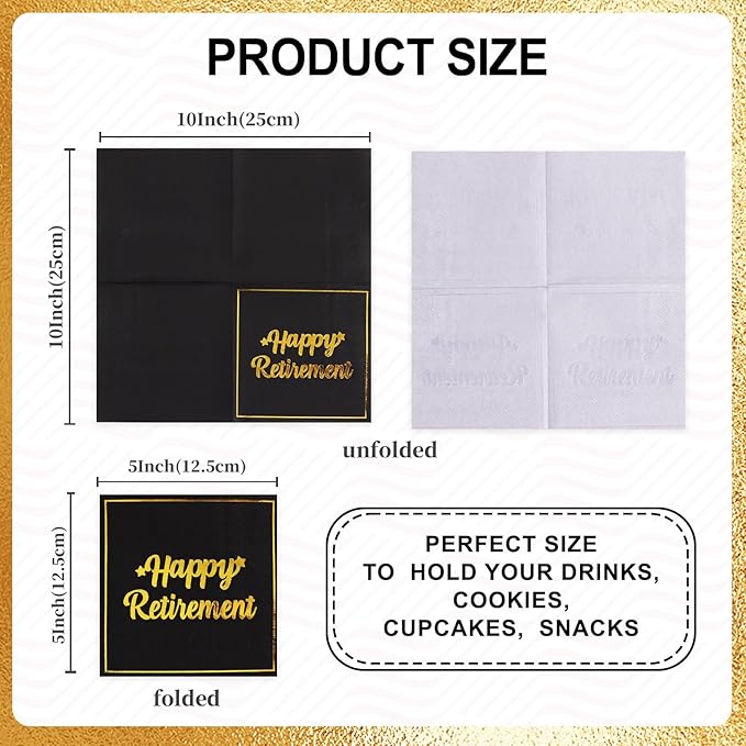 Vuzvuv 50 Pack Happy Retirement Cocktail Napkins - Disposable Paper Hand Napkins for Retirement Parties Farewell Gatherings Office Send-Off Party Decorations Table Decor (5" Folded 2 Ply - Black)