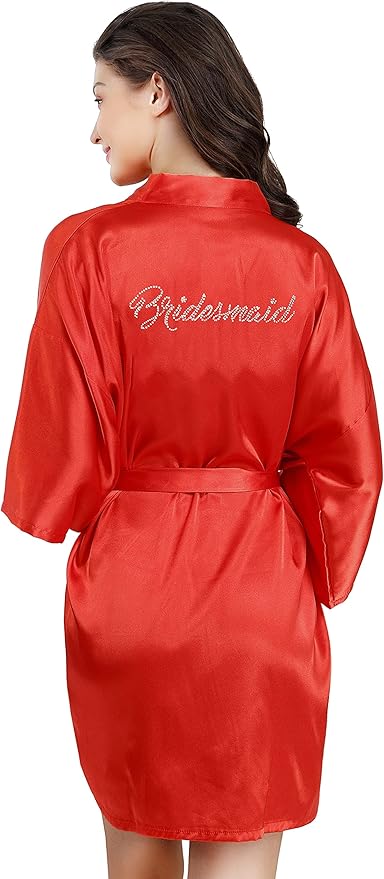 EPLAZA Women's One Size Silver Rhinestones Bride Bridesmaid Short Satin Robes for Wedding Party Getting Ready