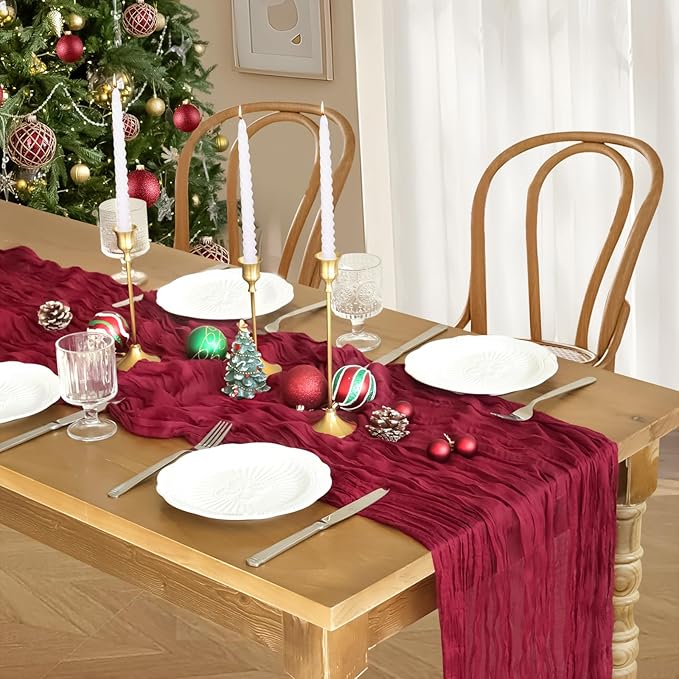Christmas Table Runner, 10FT Burgundy Table Runner 35*120inch Boho Dark Red Table Runners for Burgundy Christmas Decorations Party Supplies Christmas Table Centerpiece Decorations
