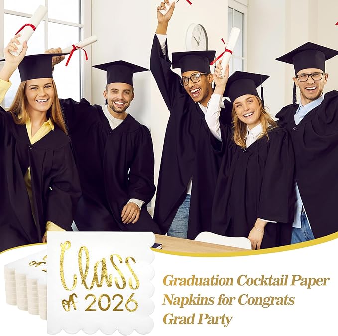 100 Pcs Class of 2026 Graduation Cocktail Napkins 5 x 5 Inch Congrats Grad Scalloped Paper Napkins for Dinner Beverage Graduate Decorations(Gold)