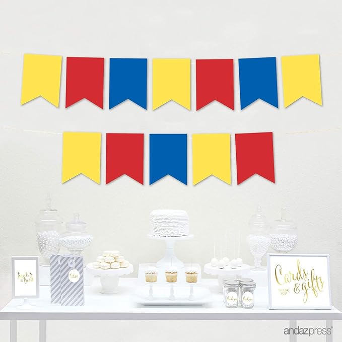 Andaz Press Hanging Pennant Banner with String, Red, Yellow, Royal Blue, 1-Set, 24 Pennants, Approx. 12-Feet Long, Kids Birthday Sesame Street Theme Colored Supplies