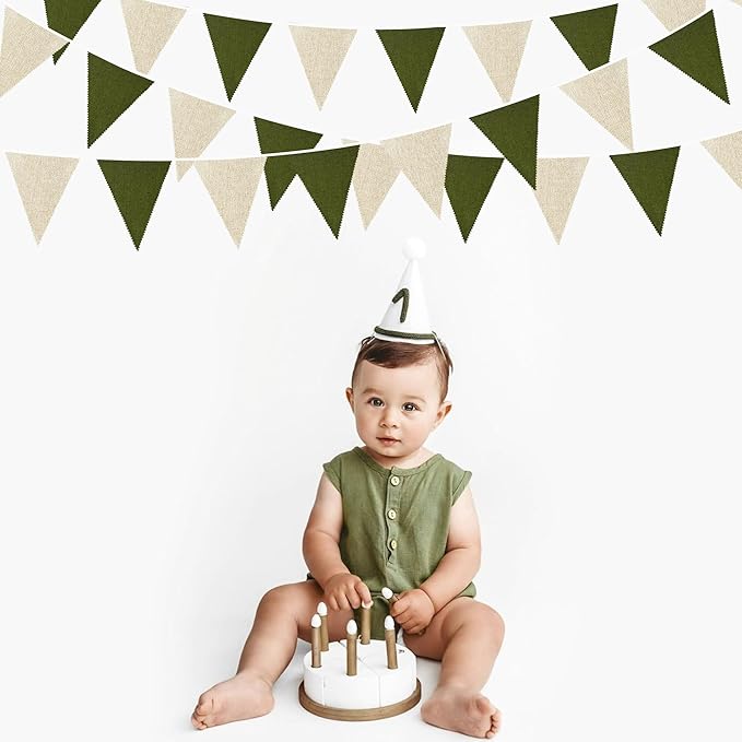 46Ft Olive Green Party Decorations Olive Green Beige Burlap Banner Triangle Pennant Flag Linen Garland Streamers for Rustic Jungle Birthday Wedding Golf Baby Shower Easter Party Decorations