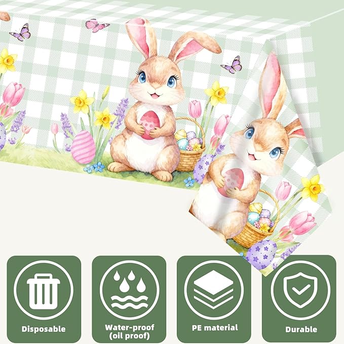 3 Pack Easter Bunny Tablecloth, Disposable Plastic Easter Table Decorations for Spring Party, Easter Decorations for Home, 54x108 Inch