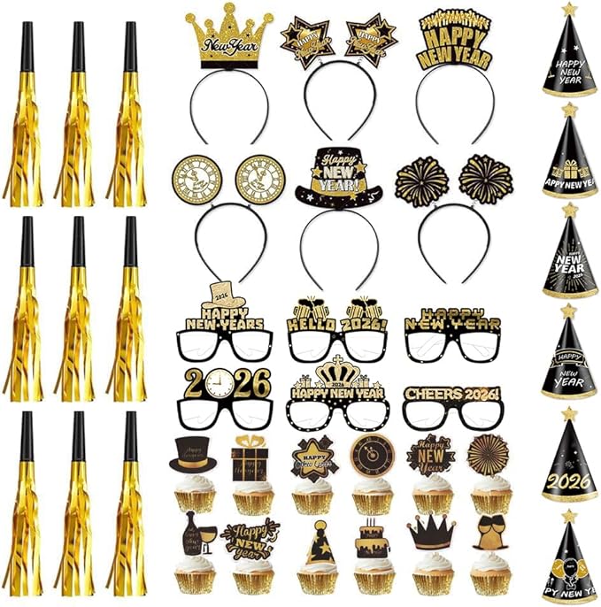 BALONAR 42 Pcs New Years Eve Party Supplies 2026 with Happy New Year Headband Tiara, New Year Glasses Metallic Fringed Noise Makers for New Years Party Favors for Adults