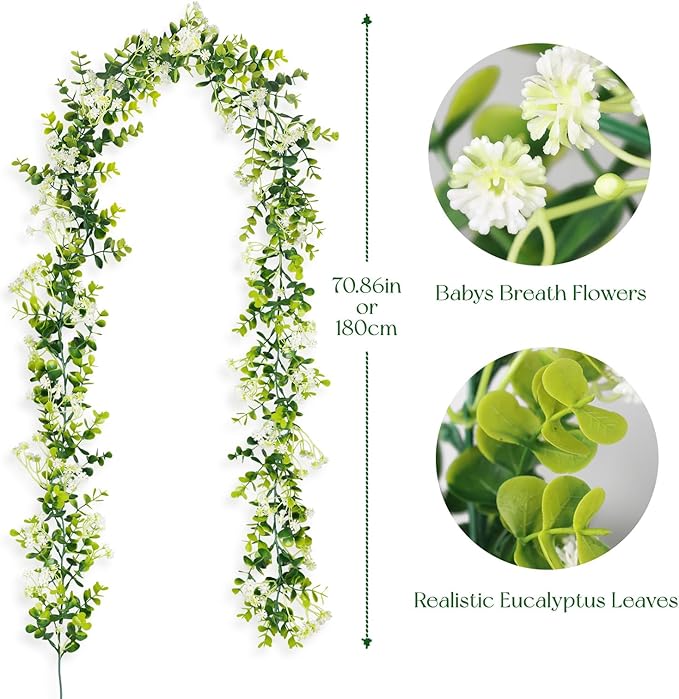 6FT Eucalyptus Garland with Flowers, 4 Pack Greenery Hanging Spring Eucalyptus Garland Suitable for Table Wedding Backdrop Arch Wall Party Thanksgiving UV Protected Indoor Outdoor Decorations