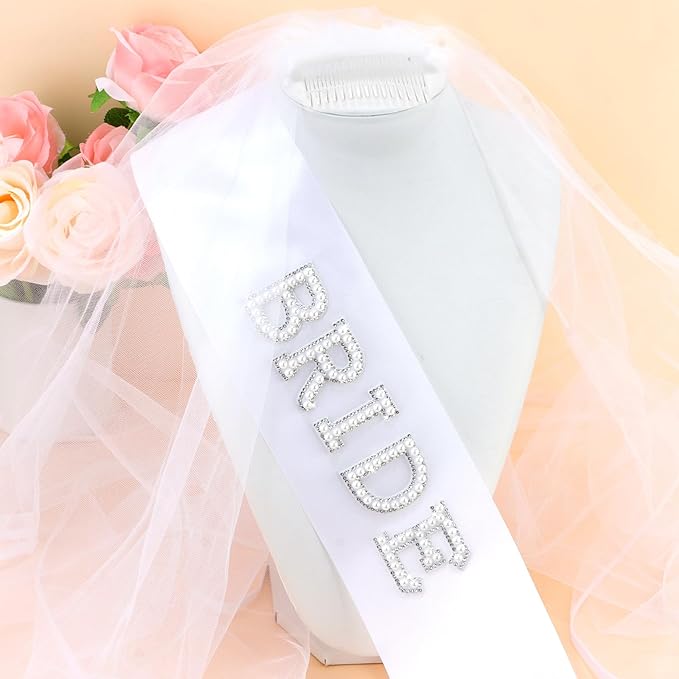 Bride to Be Set: Pearl-Trimmed Heart Sunglasses, Pearl BRIDE Sash & Tulle Veil - Bachelorette Party Bridal Accessories