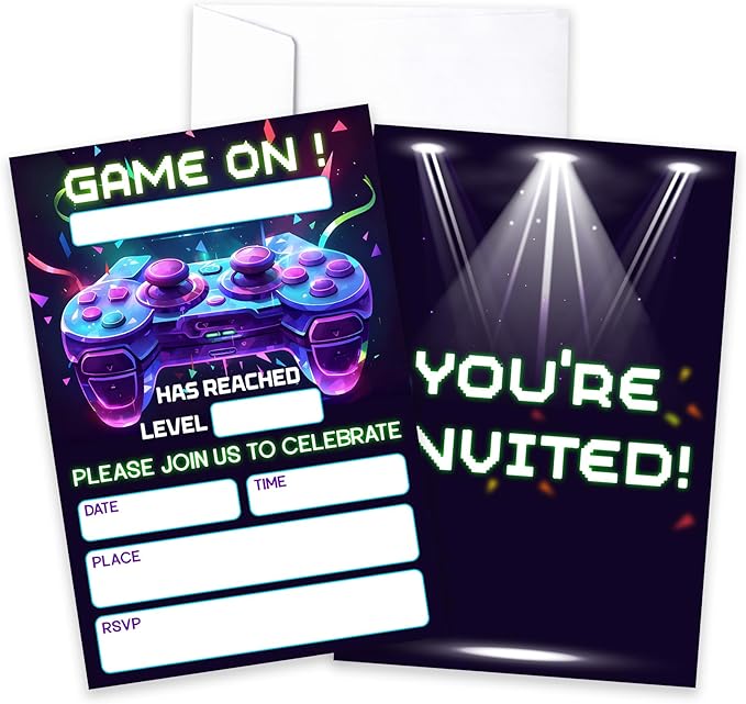 CLIRBE Games Birthday Party Invitations, Glow Neon Game On Birthday Invitations For Brother Bro Teen Boys Girls, 20 Invites Cards With 20 Envelopes, Party Supplies Favors -H11