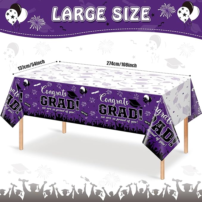 12Pack Graduation Tablecloth Party Decorations, Class of 2026 Congrats Grad Plastic Tablecover Party Supplies, Purple Rectangle Graduation Table Decorations for College High School Party, 54 x 108Inch